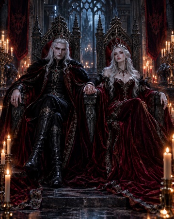 vampire king and queen on stone thrones