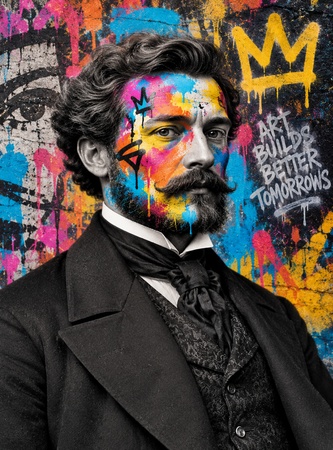 Victorian gentleman with colorful graffiti face