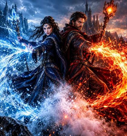 witch and wizard casting colorful magic