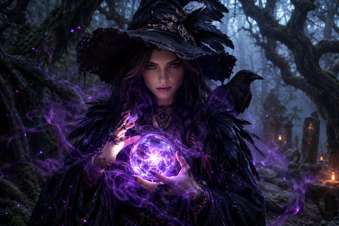 witch holding a glowing purple orb