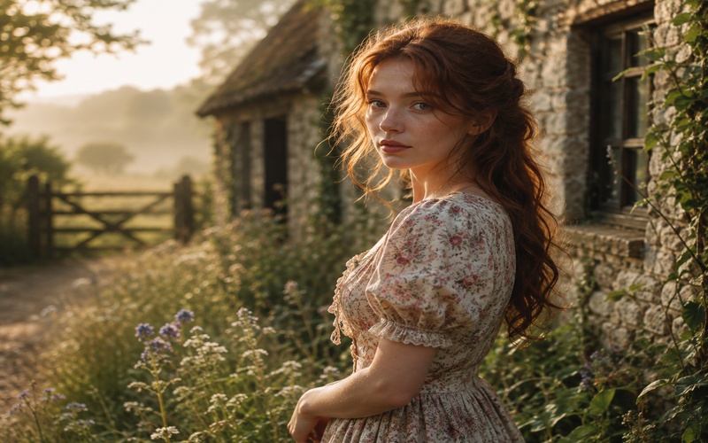 woman in floral dress beside a misty stone cottage
