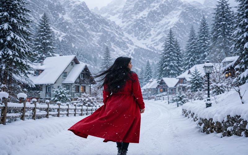 woman walking in snowy village