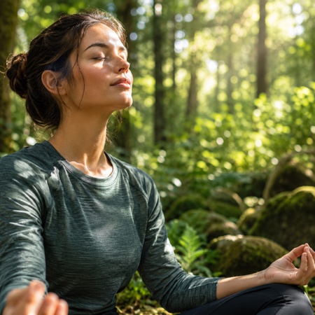 women meditating in a sunlit forest