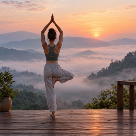 yoga practitioner holding tree pose at sunrise