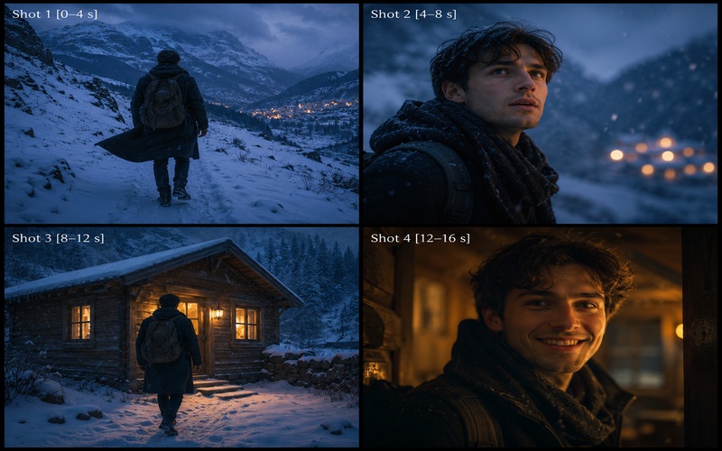 young traveler in snowy village