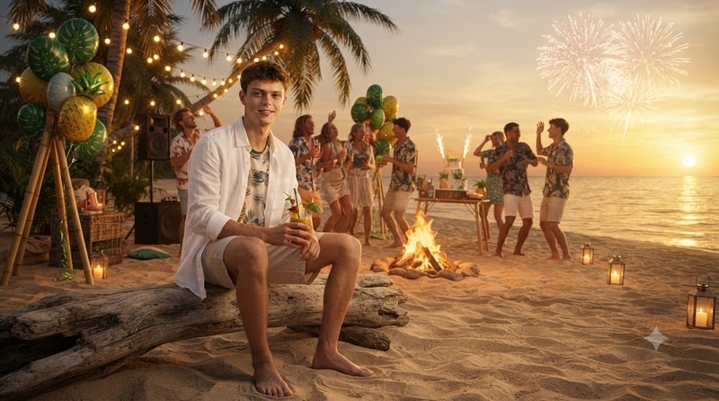 anniversaire sur la plage avec feu de joie