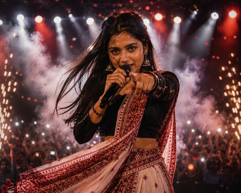 nagpuri girl reciting shayari on stage with a microphone