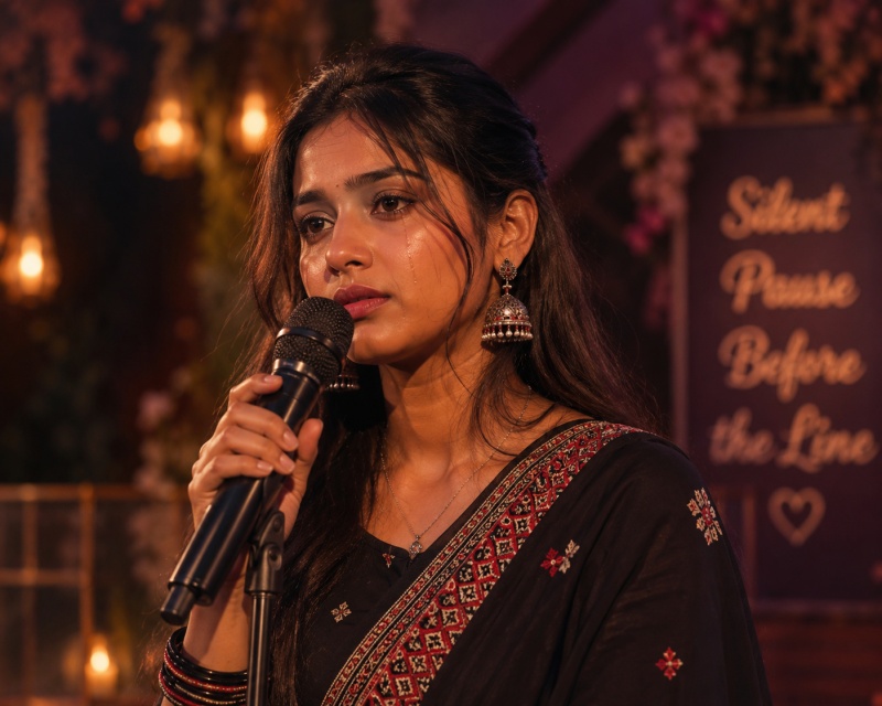 nagpuri girl speaking a sad shayari into a microphone