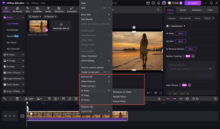 Selecting an AI-generating feature from Edimakor