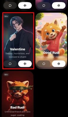 Grok AI Valentine Profil und Interaktionsmenü – Übersicht des KI-Begleiters