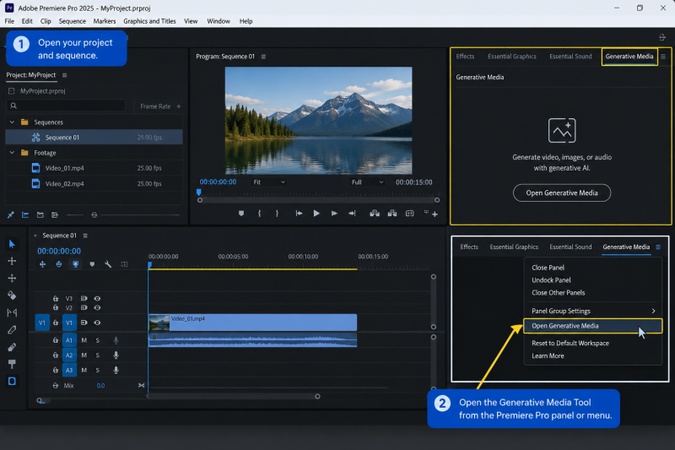 Opening the Generative Media Tool in Premiere Pro