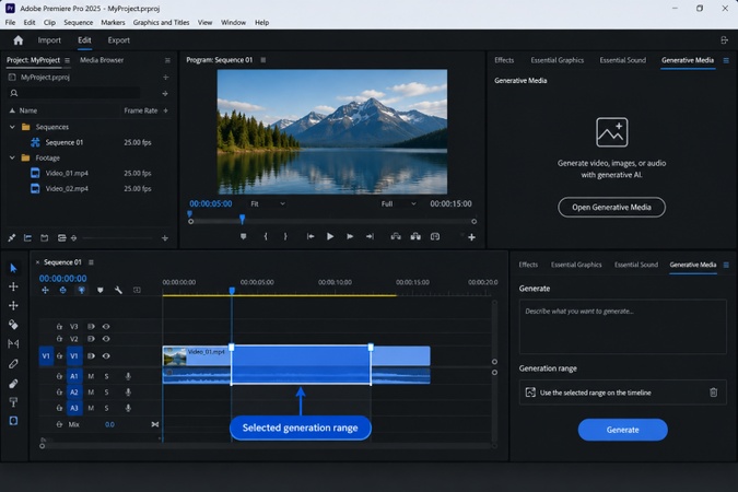 Selecting a generation range on the Premiere Pro timeline