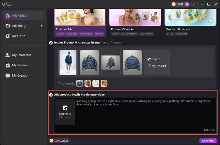 Adding product images and Meta ad copy in Edimakor ad generator AI