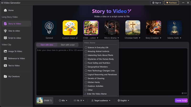 Select a story category, theme, video settings, or enter a custom script.