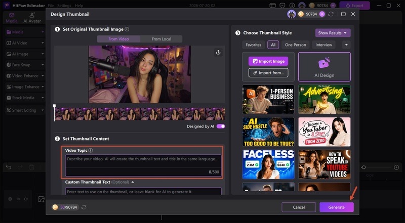 Choosing an AI-generated thumbnail layout in HitPaw Edimakor 2