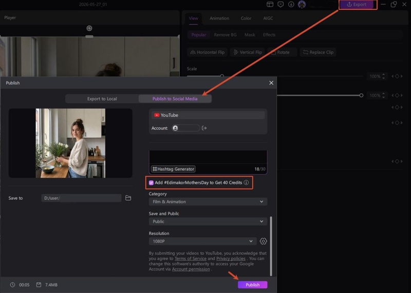 Edimakor Export Settings Screen