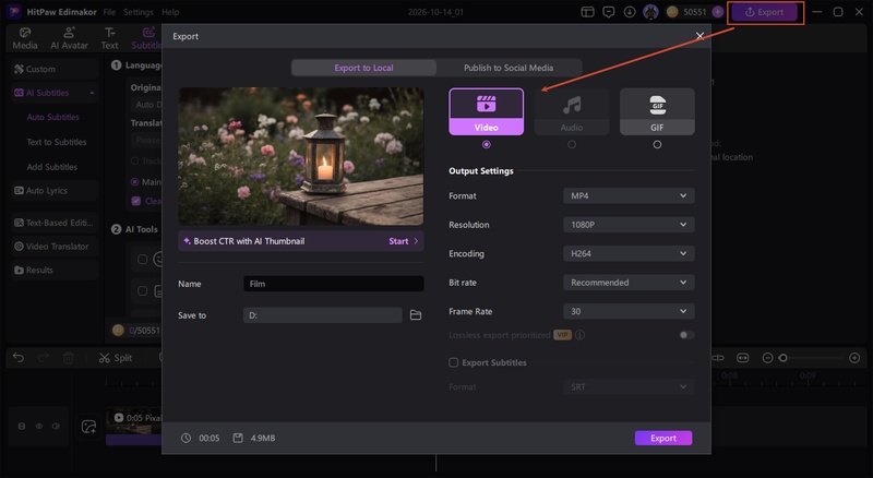 Text: Export the completed movie in the desired resolution and format