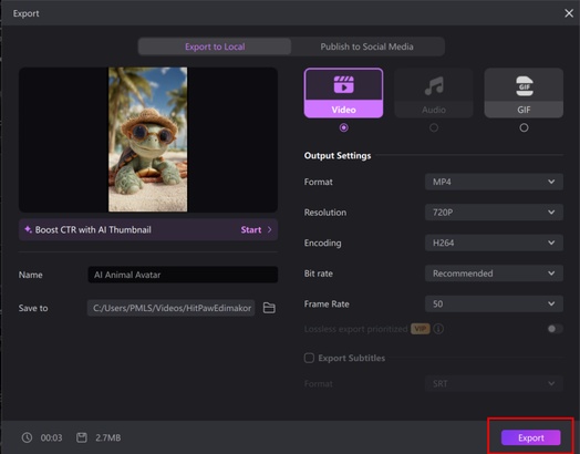 Exporting the AI avatar video