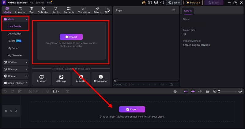 Importing the media on the Edimakor timeline