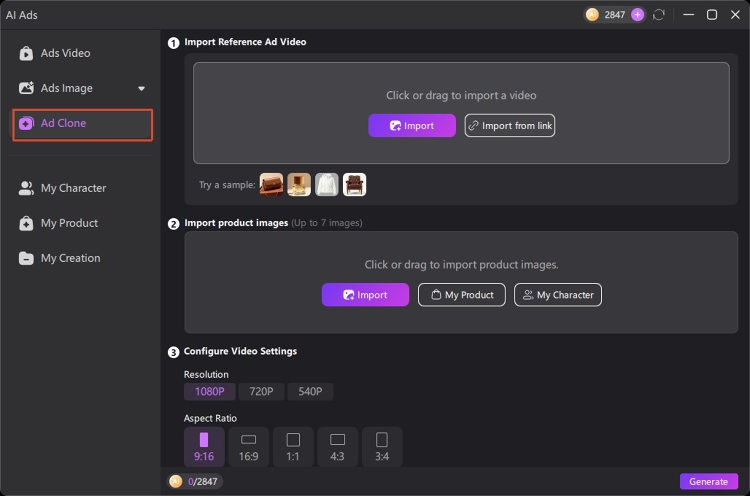 select ad clone in the ai video ads generator
