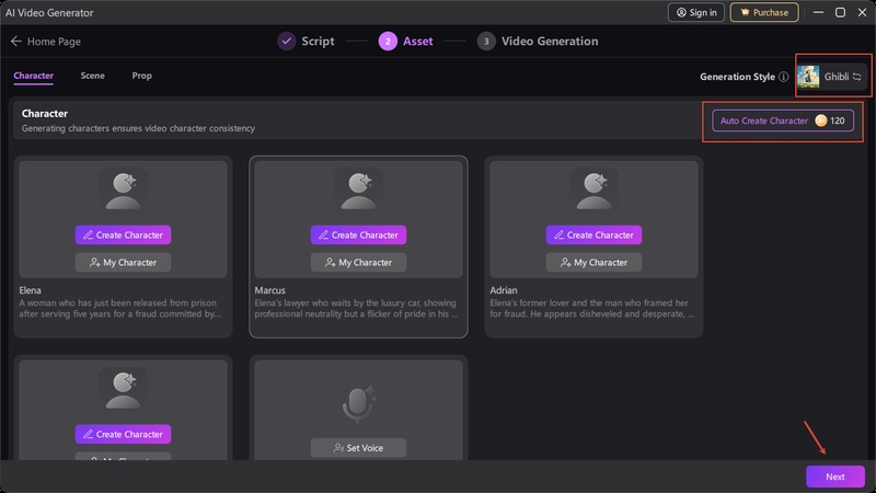 Choose a visual style, edit the script, and generate consistent story characters