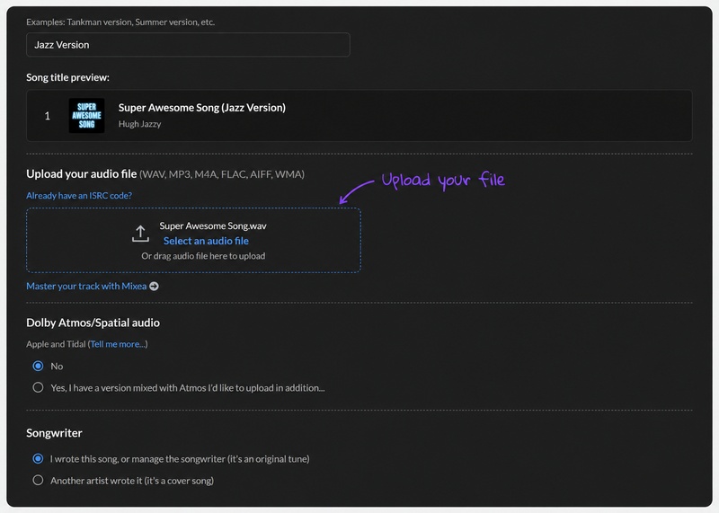 Upload AI-generated music file to distributor