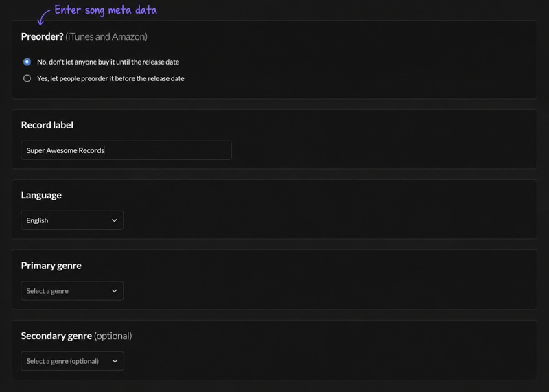 Enter song metadata for Spotify release