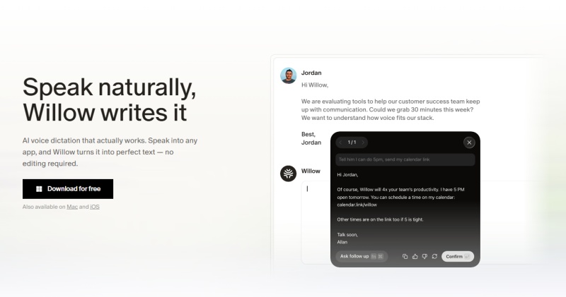 willow voice offline dictation software interface