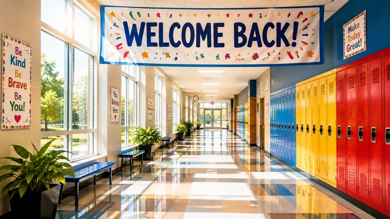 bright school hallway with welcome back banner