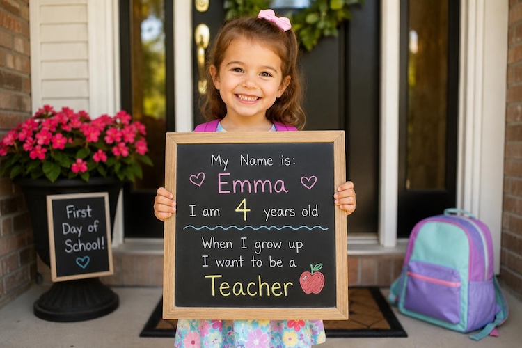 child holding a first day chalkboard