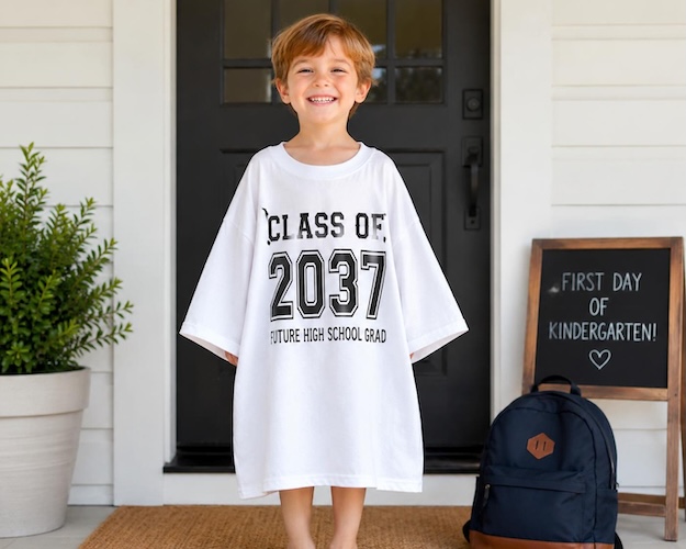 child in oversized graduation shirt
