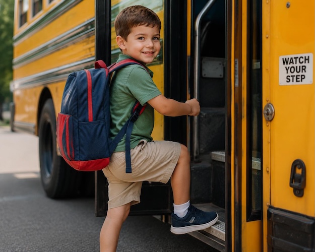 child stepping onto a school bus
