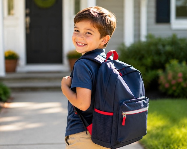 child wearing a school backpack