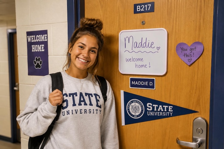 college student standing at dorm room door