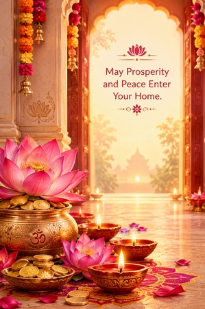 diwali card with lotus and diyas