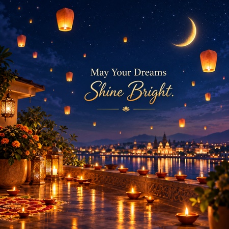 diwali card with moon and lanterns