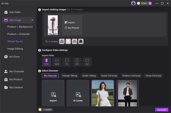 Using the Virtual Try-On feature under Edimakor AI Ads to swap costume outfits.