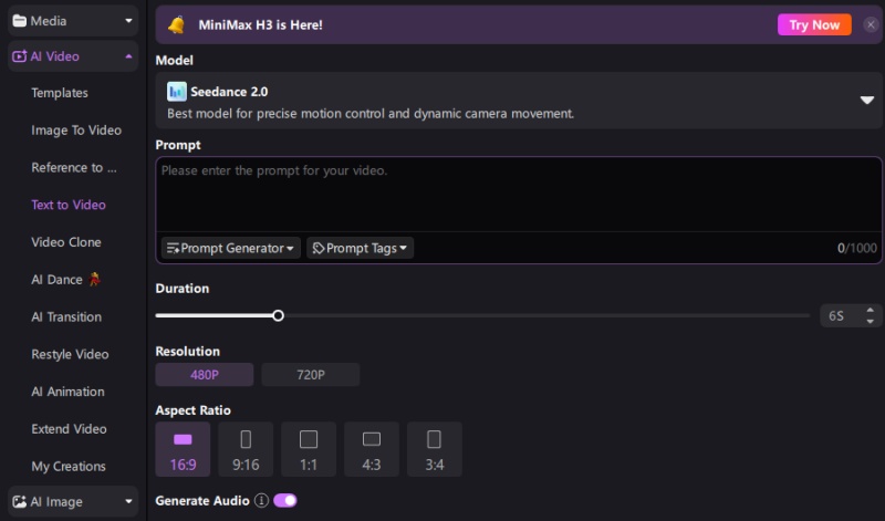 edimakor ai video prompt and settings panel