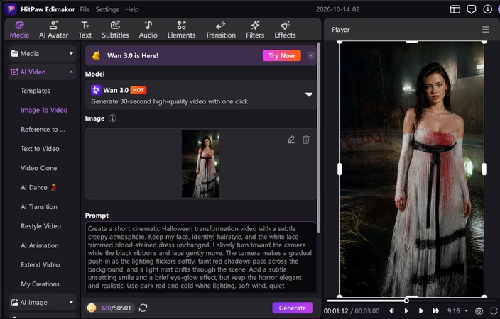 Viewing the generated Halloween costume image result inside Edimakor.