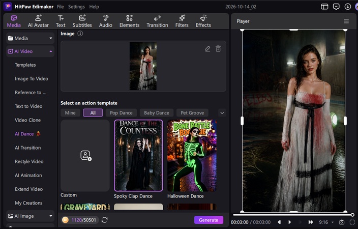 Applying creative Halloween video templates to the reference image in Edimakor.