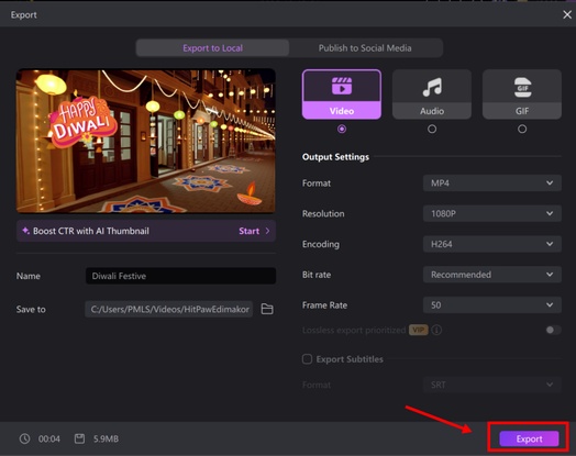 Exporting the Diwali AI video from Edimakor