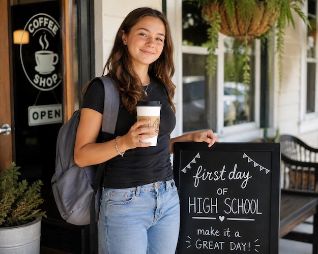 high school student with coffee