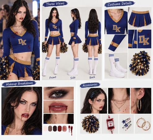 Visual guide for a Jennifer’s Body bloody cheerleader Halloween costume, featuring uniform details, makeup breakdown, and blood-stained accessories.