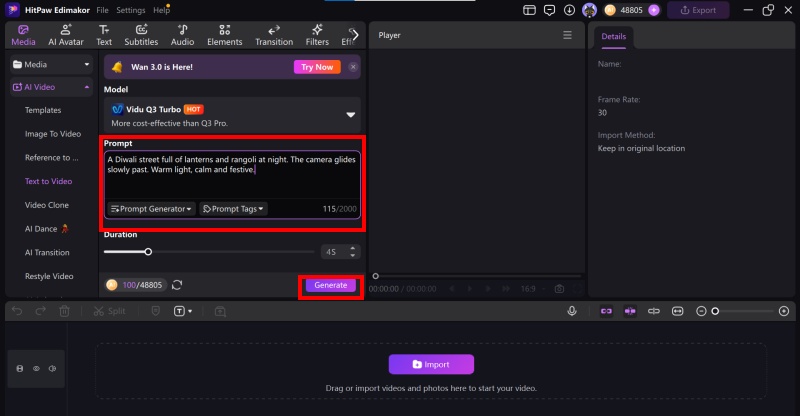 Pasting a Diwali video prompt