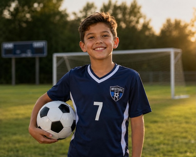 student in sports gear pose