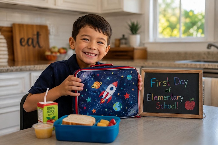 student showing a new lunchbox