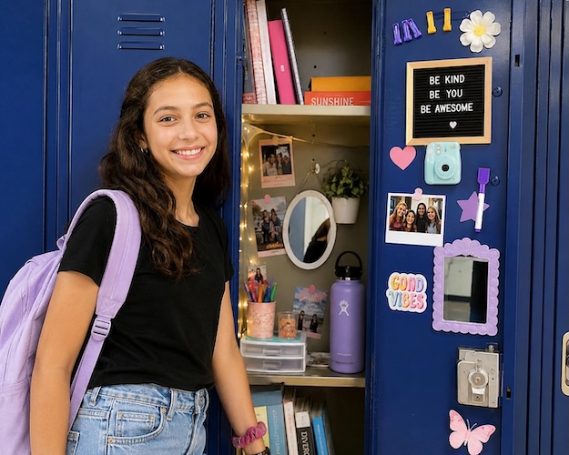 student standing by decorated locker