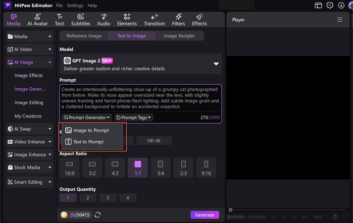 Using the built-in prompt generator in HitPaw Edimakor to turn simple ideas into detailed text prompts