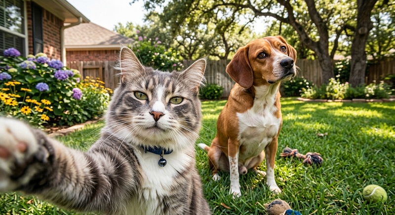 Cat taking selfie with a confused dog in the background.
