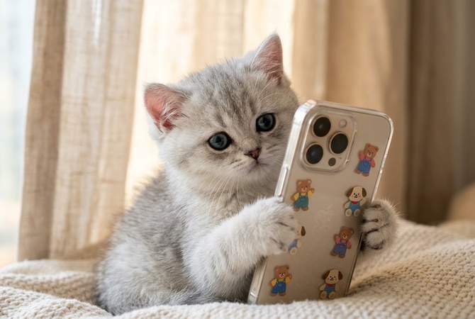 Cartoon cat holding a smartphone and preparing to take a selfie.
